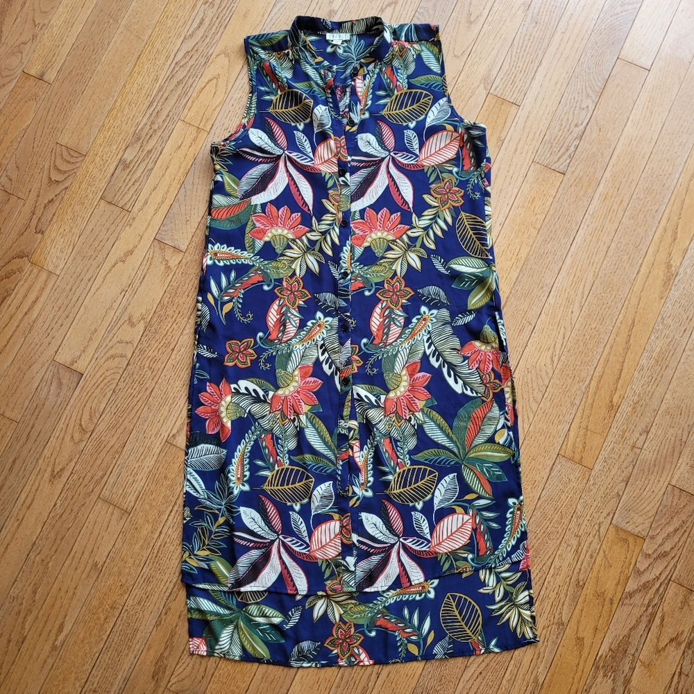 Spense Floral Shirt Tunic Sleeveless Band Collar Hi Low Hem